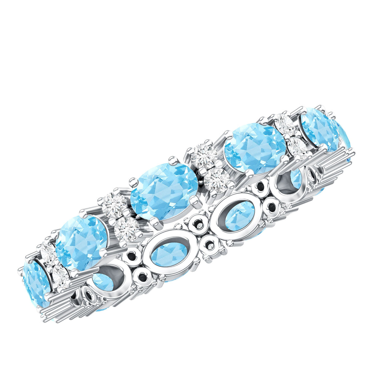 East-west style aquamarine and diamond eternity wedding band by Rosec Jewels, featuring alternating gemstones in a sleek ring design.