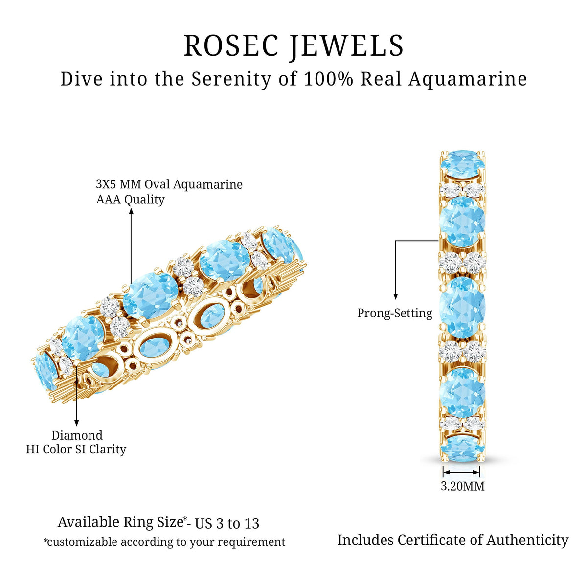 East-west style aquamarine and diamond eternity wedding band by Rosec Jewels, showcasing a continuous row of gemstones in a sleek ring.