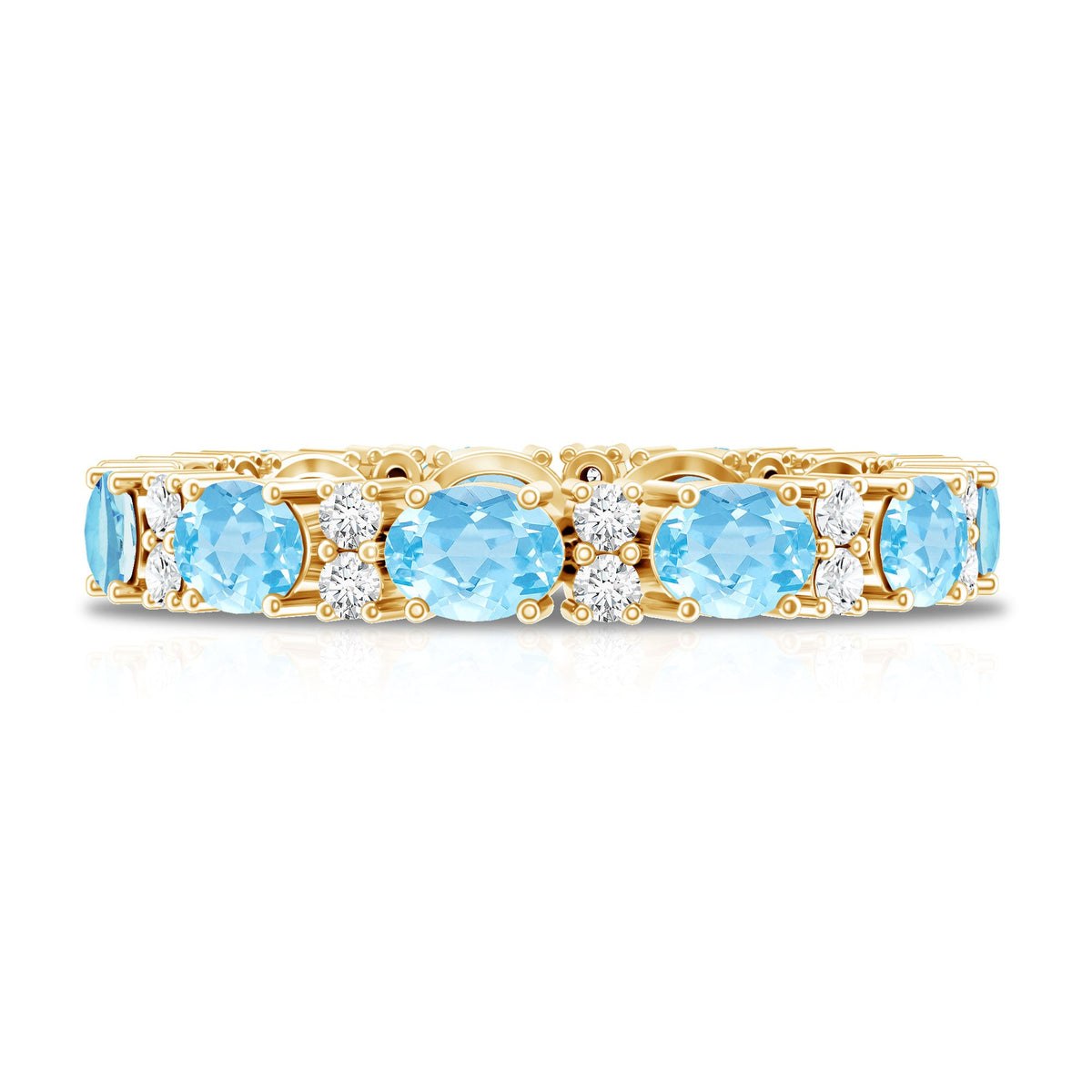 East West style natural aquamarine and diamond eternity wedding band by Rosec Jewels, showcasing a continuous row of gemstones in a sleek ring.