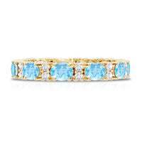 East West style natural aquamarine and diamond eternity wedding band by Rosec Jewels, showcasing a continuous row of gemstones in a sleek ring.