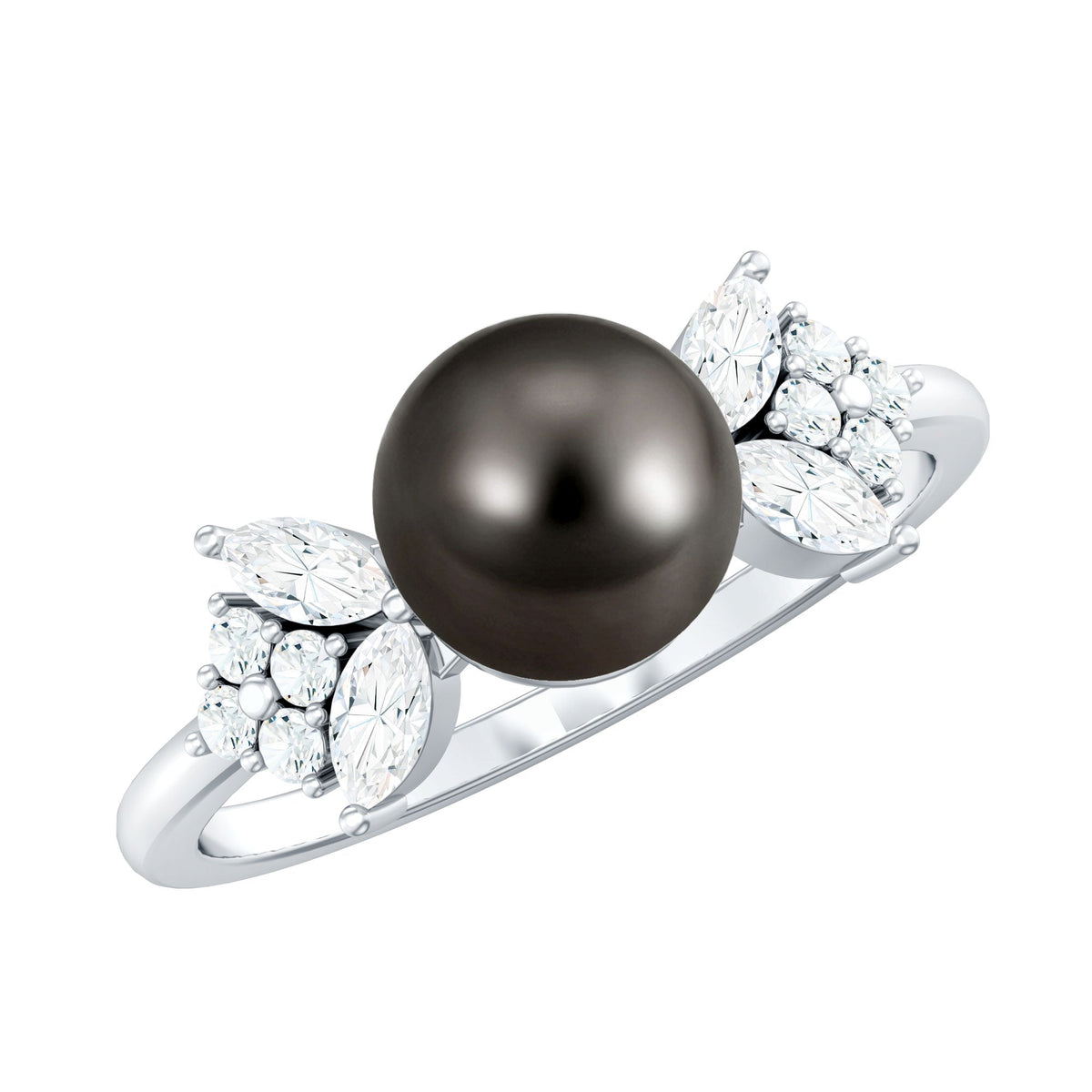 Nature-inspired Tahitian pearl engagement ring with diamond set in rose gold, featuring intricate design and elegant craftsmanship.