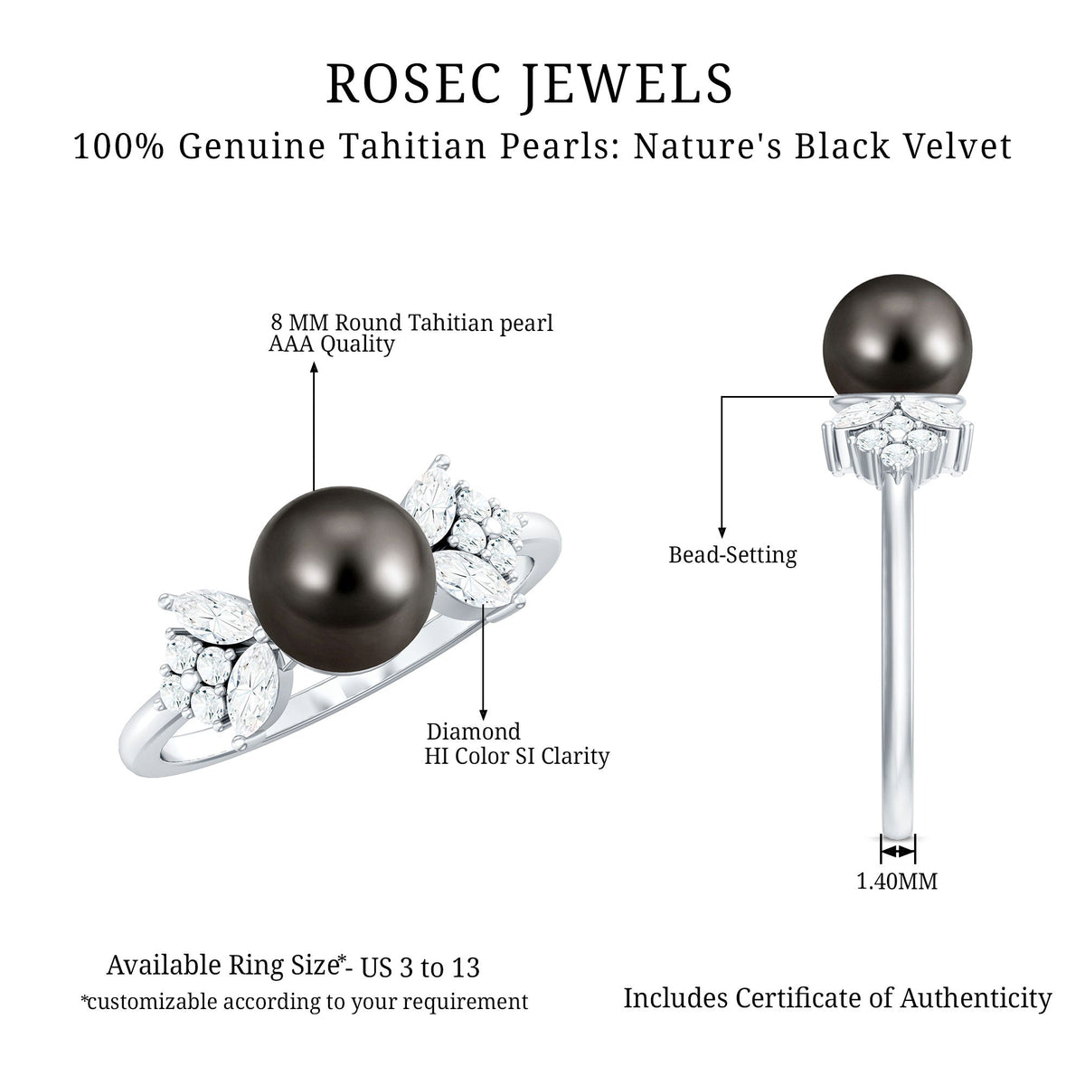 Tahitian pearl engagement ring with diamond accents from Rosec Jewels, featuring a natural-inspired design and elegant craftsmanship.
