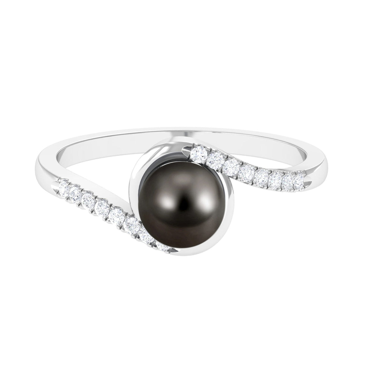Solitaire Tahitian pearl bypass engagement ring with diamond accents by Rosec Jewels, showcasing elegant design and fine craftsmanship.