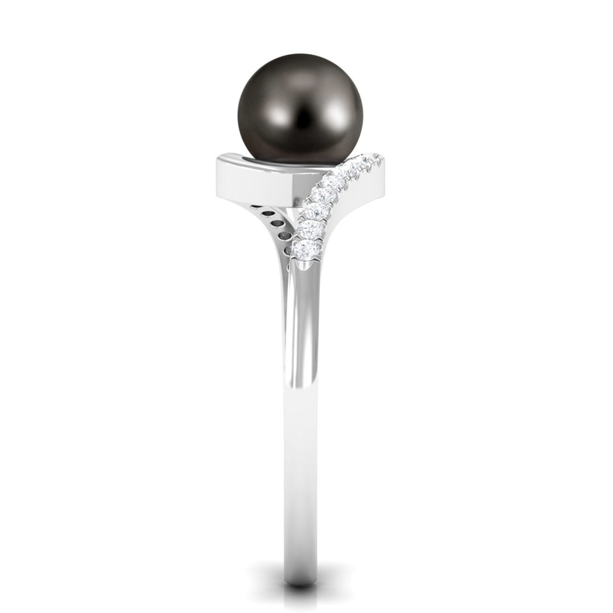 Solitaire Tahitian Pearl bypass engagement ring with diamond accent from Rosec Jewels, featuring a sleek gold band and elegant design.