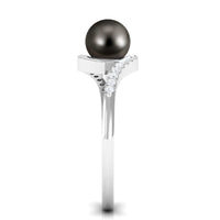 Solitaire Tahitian Pearl bypass engagement ring with diamond accent from Rosec Jewels, featuring a sleek gold band and elegant design.