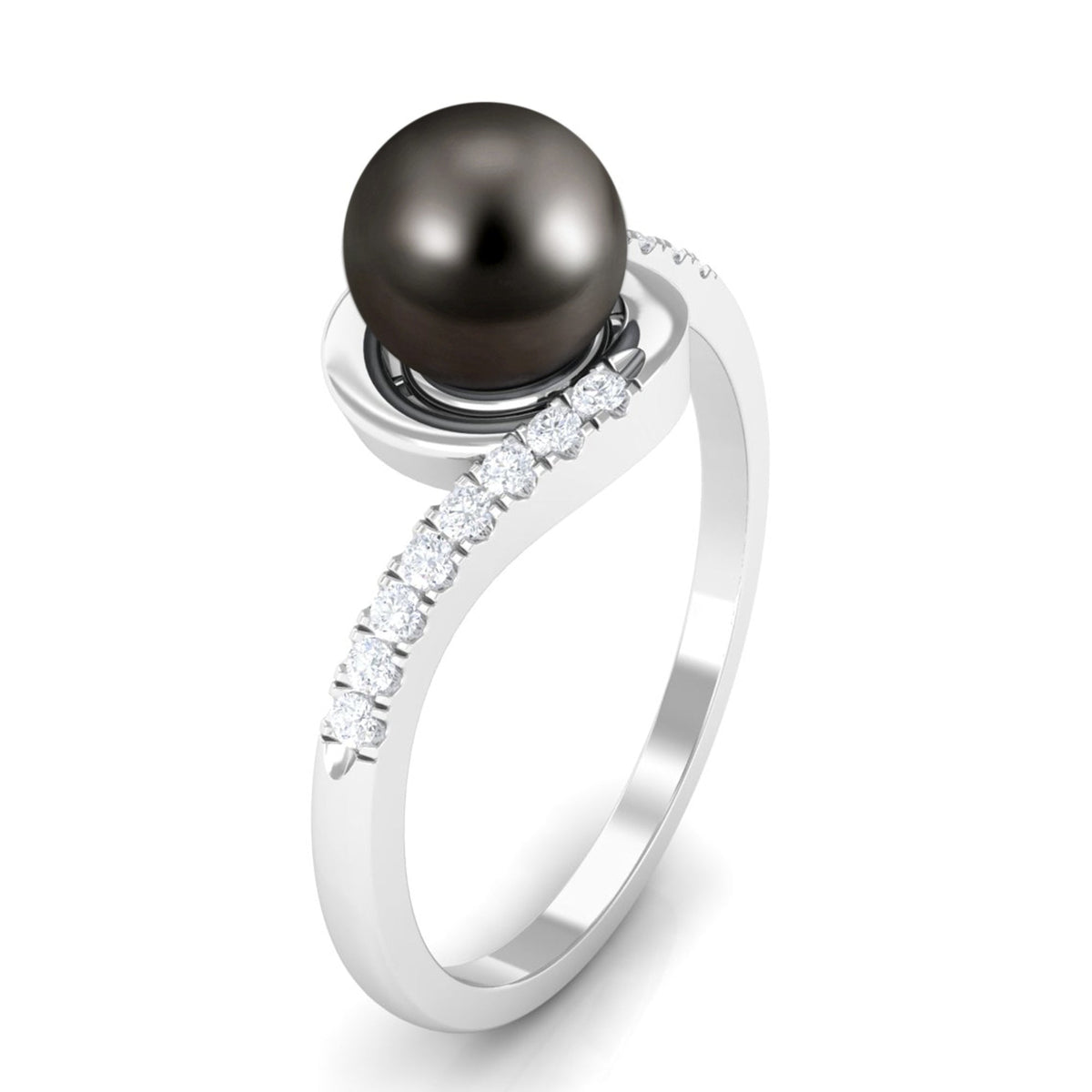 Solitaire Tahitian pearl bypass engagement ring with diamond accents by Rosec Jewels, showcasing elegant design and craftsmanship.