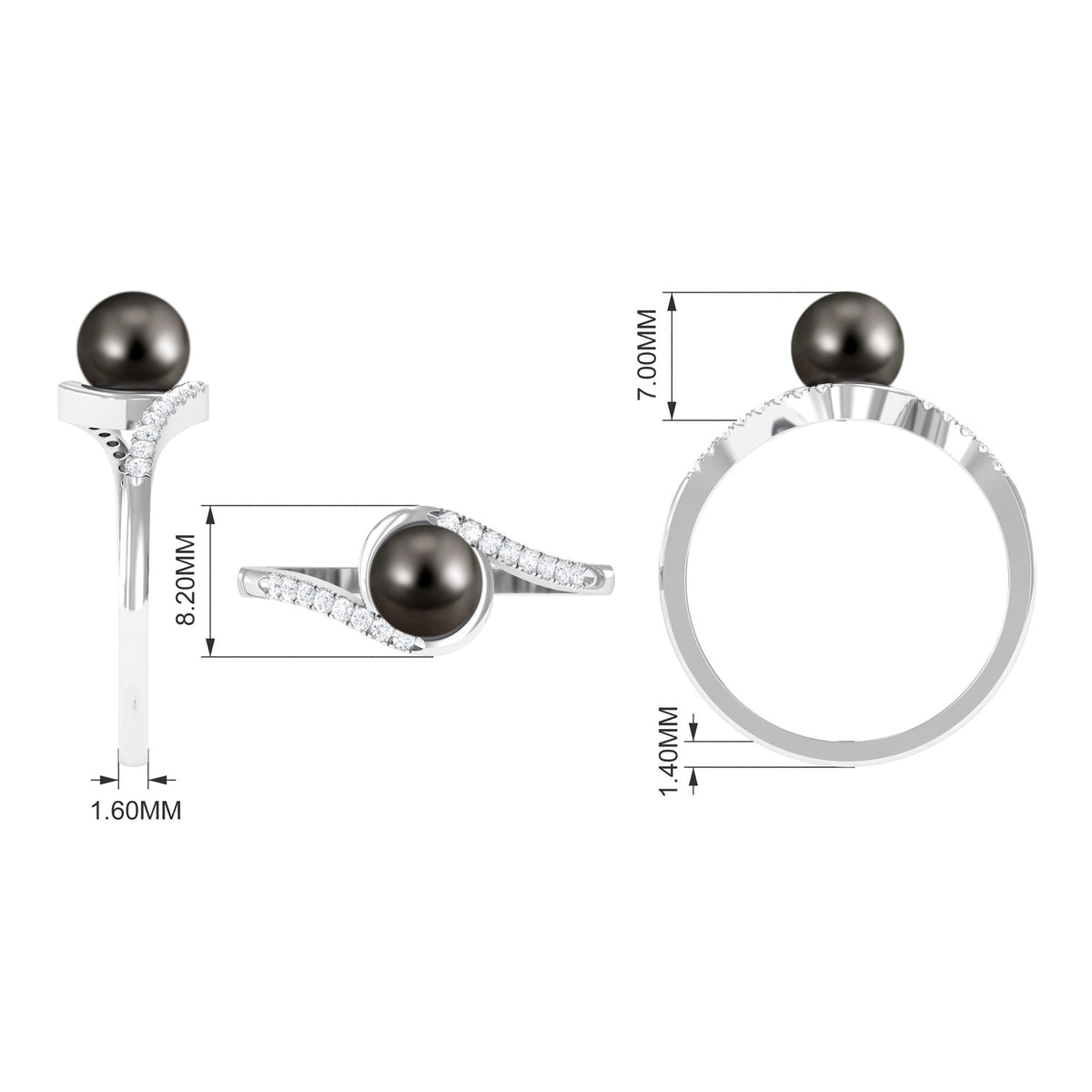 Solitaire Tahitian pearl bypass engagement ring with diamond accents by Rosec Jewels, showcasing a unique design and lustrous pearl.