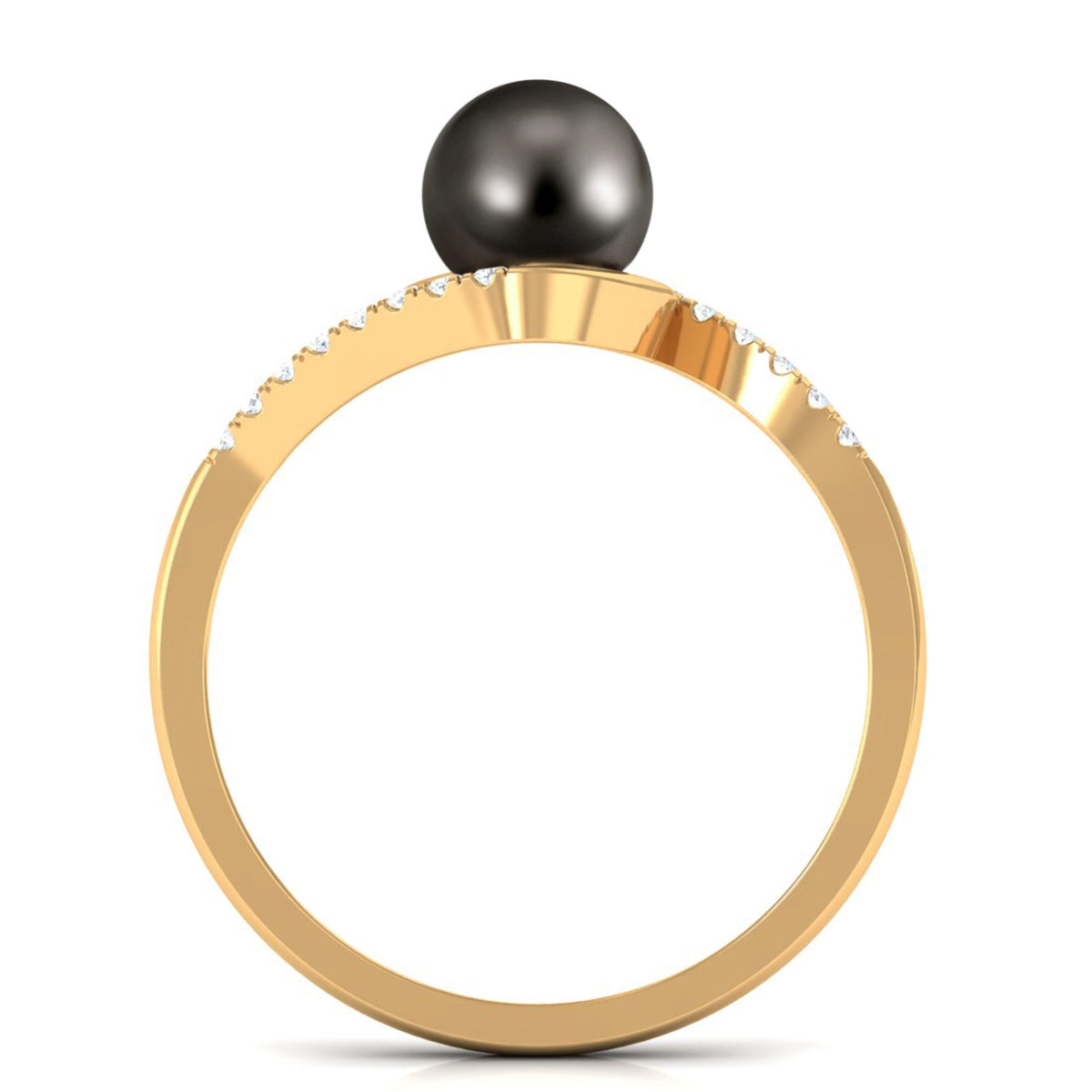 Solitaire Tahitian pearl bypass engagement ring with diamond from Rosec Jewels, featuring a lustrous black pearl and elegant band design.