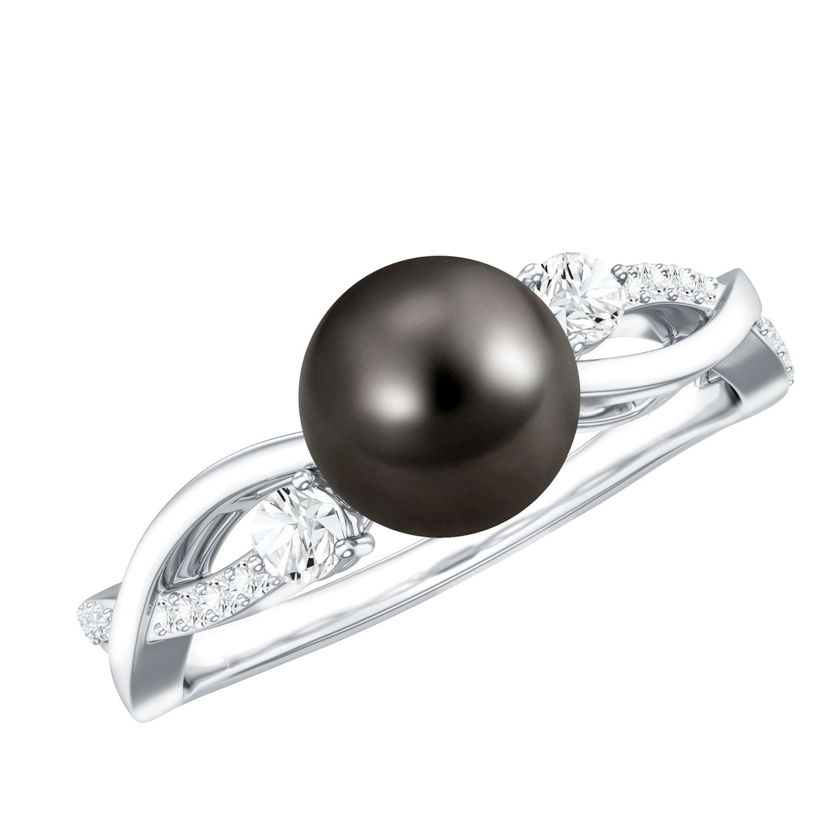 Tahitian pearl and diamond crossover engagement ring by Rosec Jewels featuring a black pearl and sparkling diamonds on a silver band.