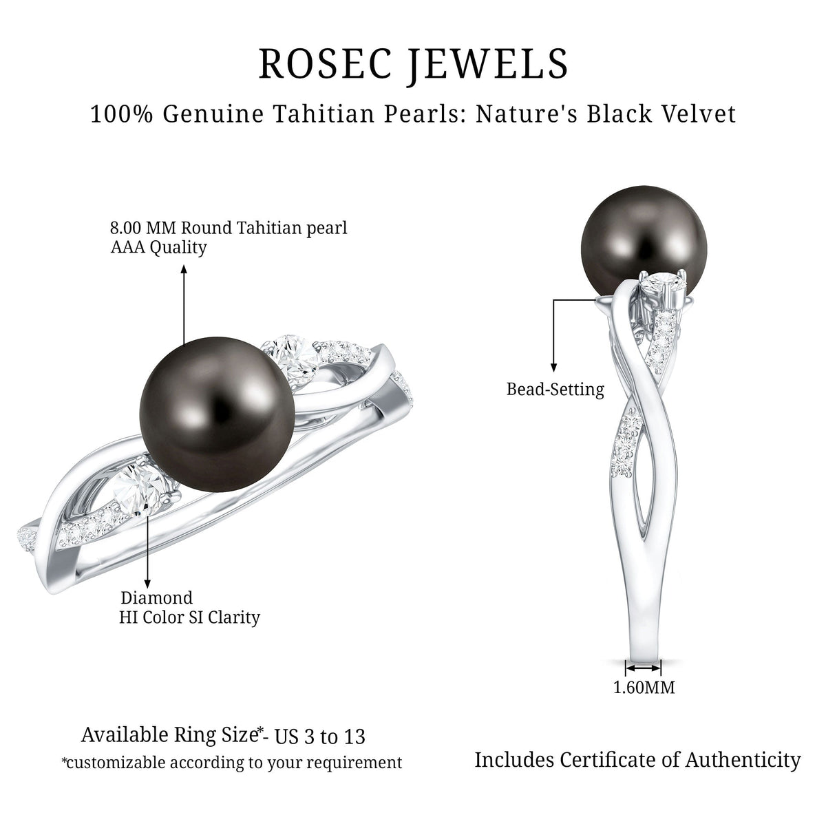 Tahitian pearl and diamond crossover engagement ring by Rosec Jewels, showcasing a pearl and sparkling diamonds on a sleek band.