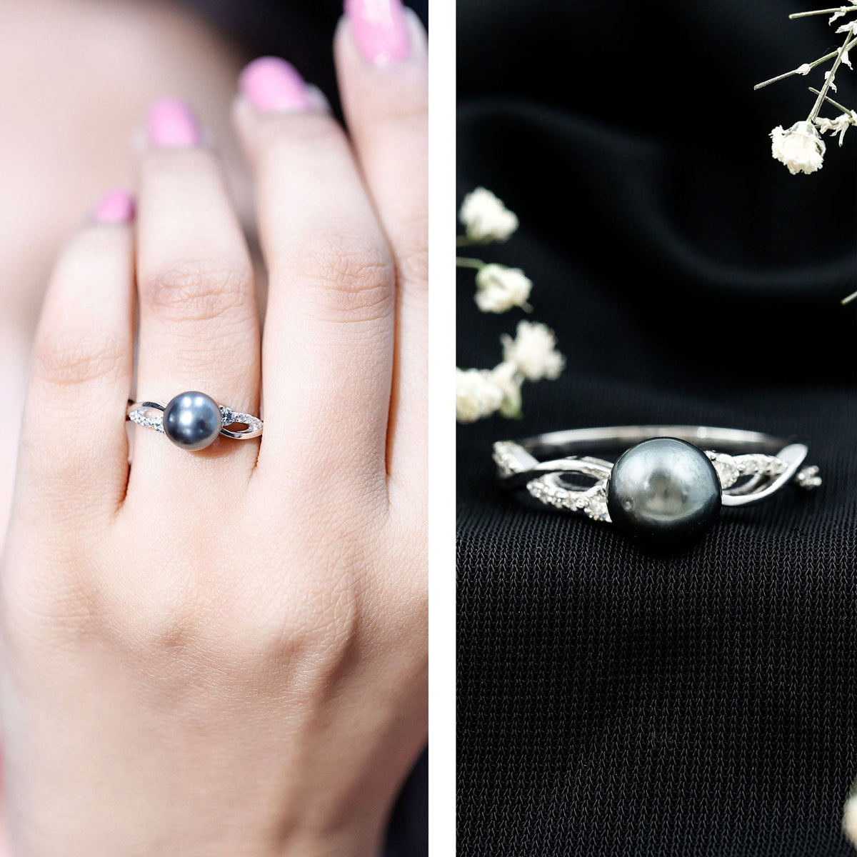 Tahitian pearl and diamond crossover engagement ring by Rosec Jewels featuring a pearl centerpiece and sparkling diamonds.