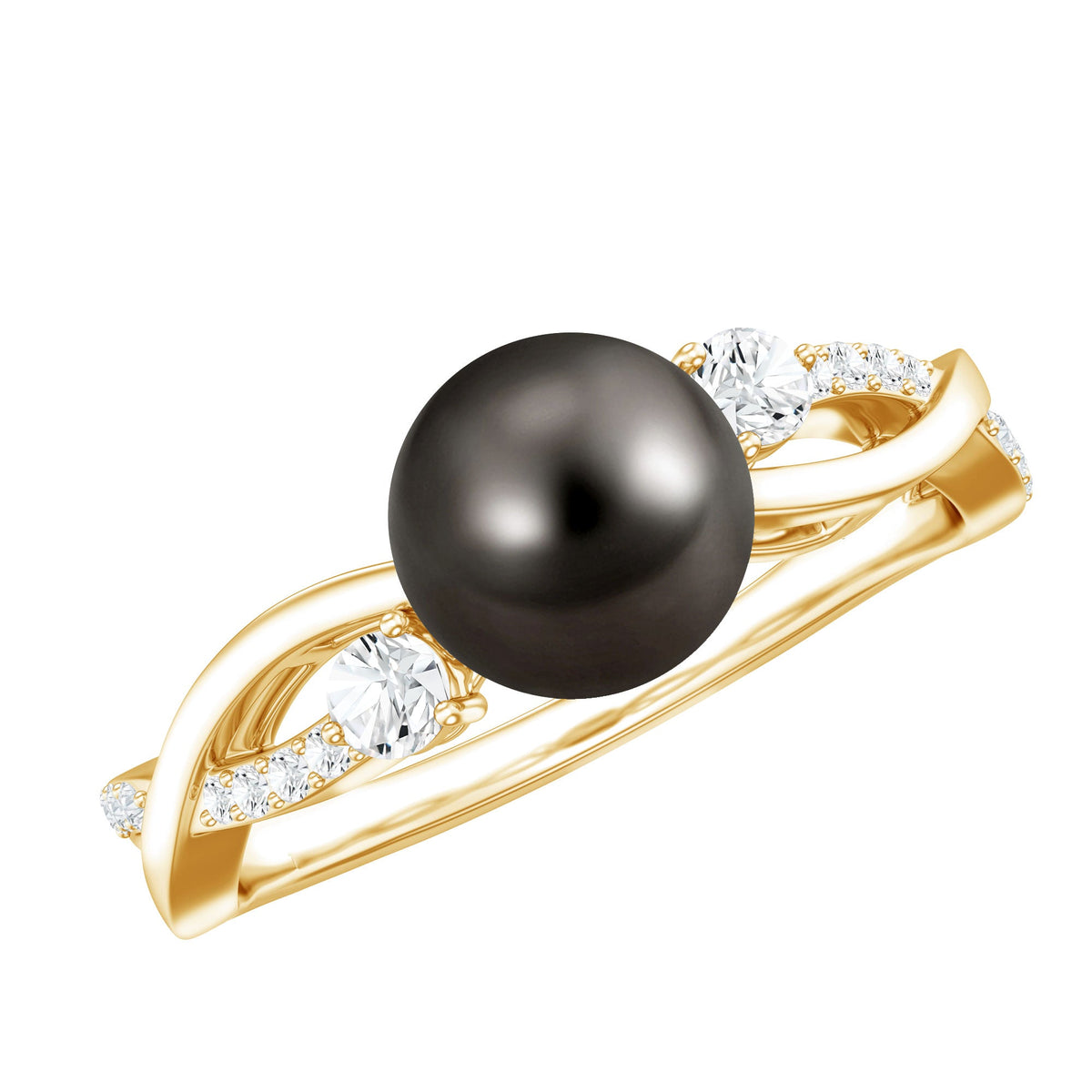 Tahitian pearl and diamond crossover engagement ring by Rosec Jewels, showcasing a elegant ring with dark pearl and sparkling diamonds.