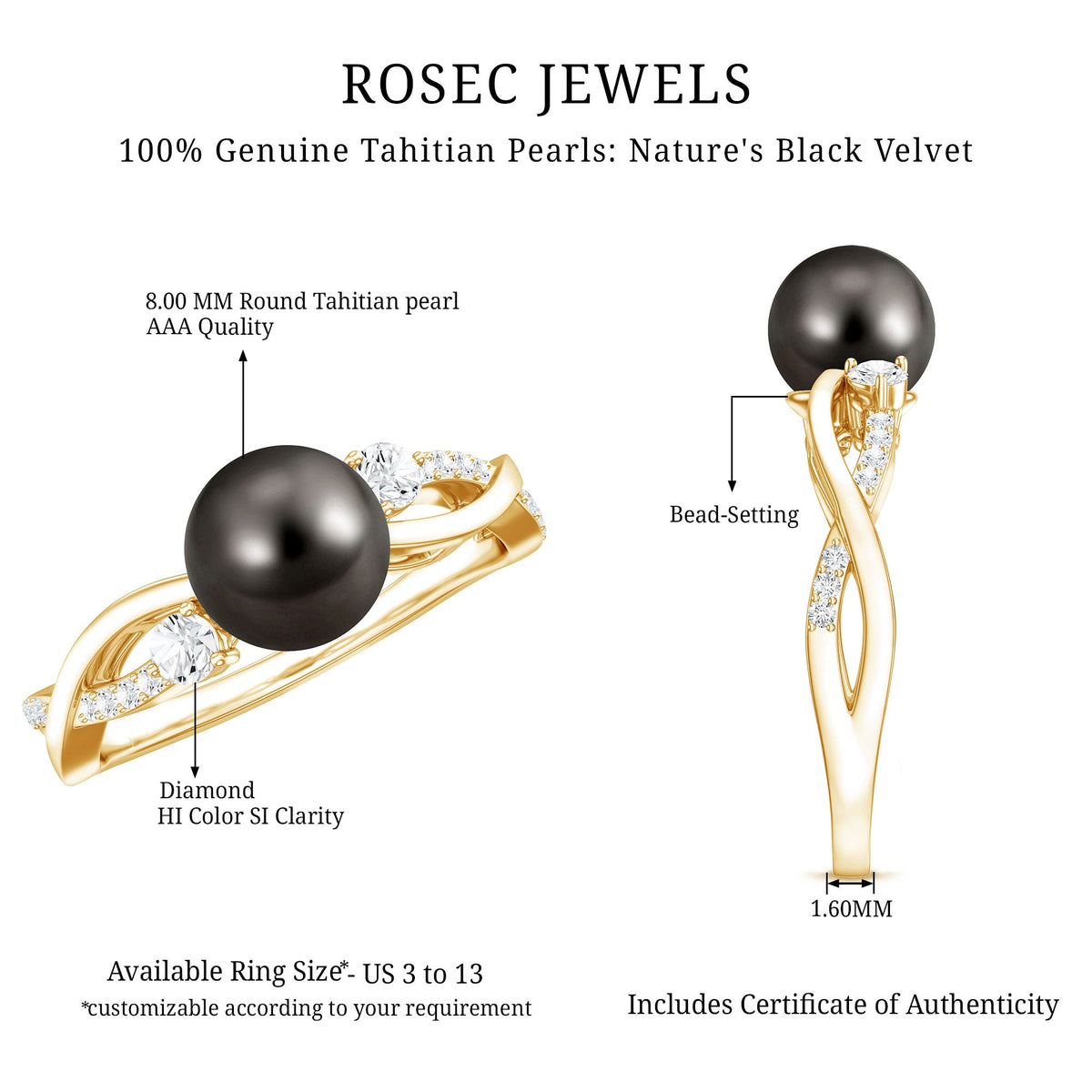 Tahitian pearl and diamond crossover engagement ring by Rosec Jewels featuring elegant design with a pearl and sparkling diamonds.