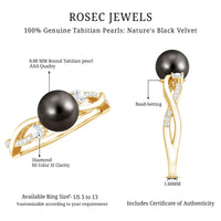 Tahitian pearl and diamond crossover engagement ring by Rosec Jewels featuring elegant design with a pearl and sparkling diamonds.