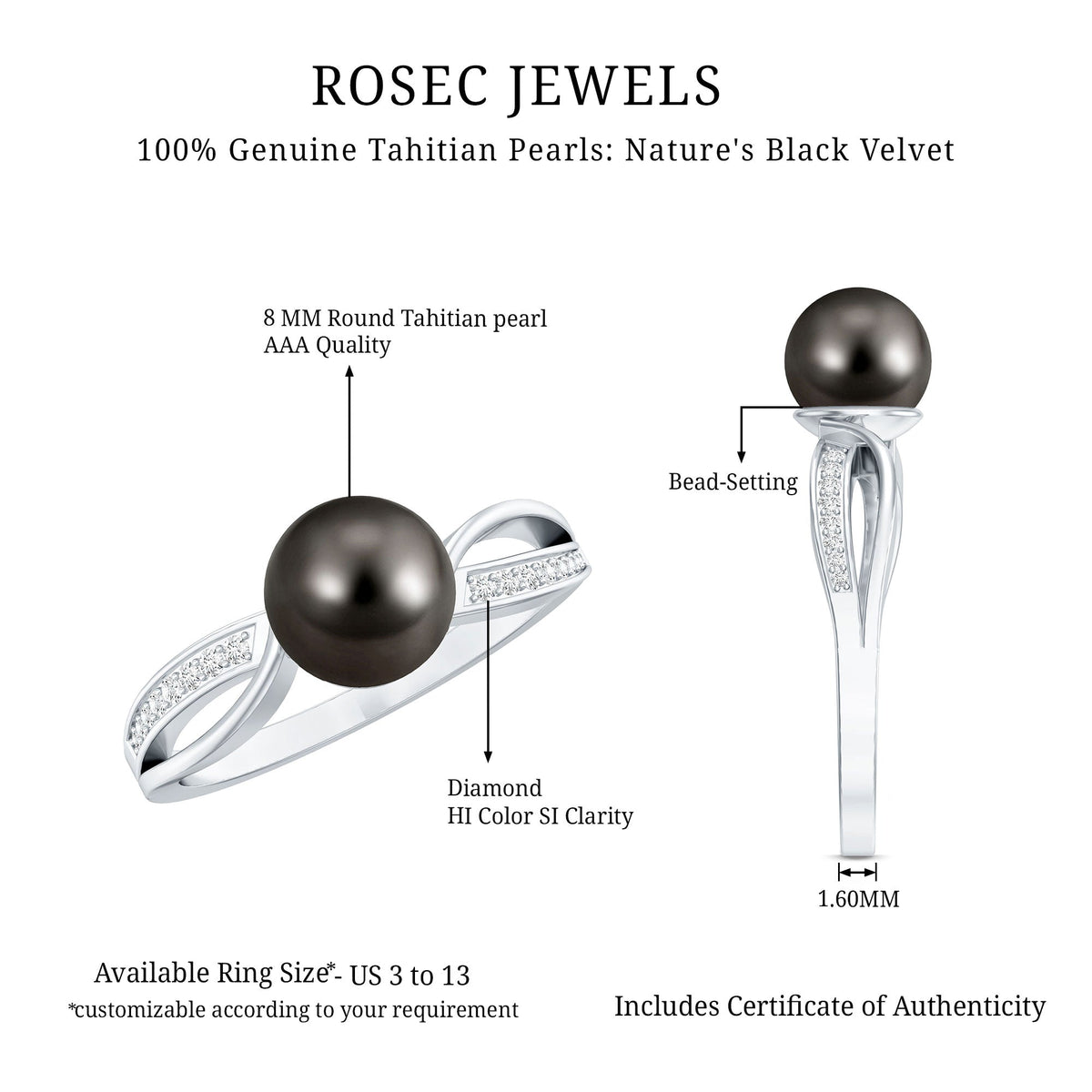 7.25 CT Tahitian Pearl engagement ring with diamond by Rosec Jewels, showcasing a solitaire pearl and sparkling diamond setting.