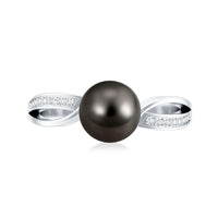 7.25 CT solitaire Tahitian pearl engagement ring with diamond accents by Rosec Jewels, showcasing a large lustrous black pearl and sparkling diamonds.