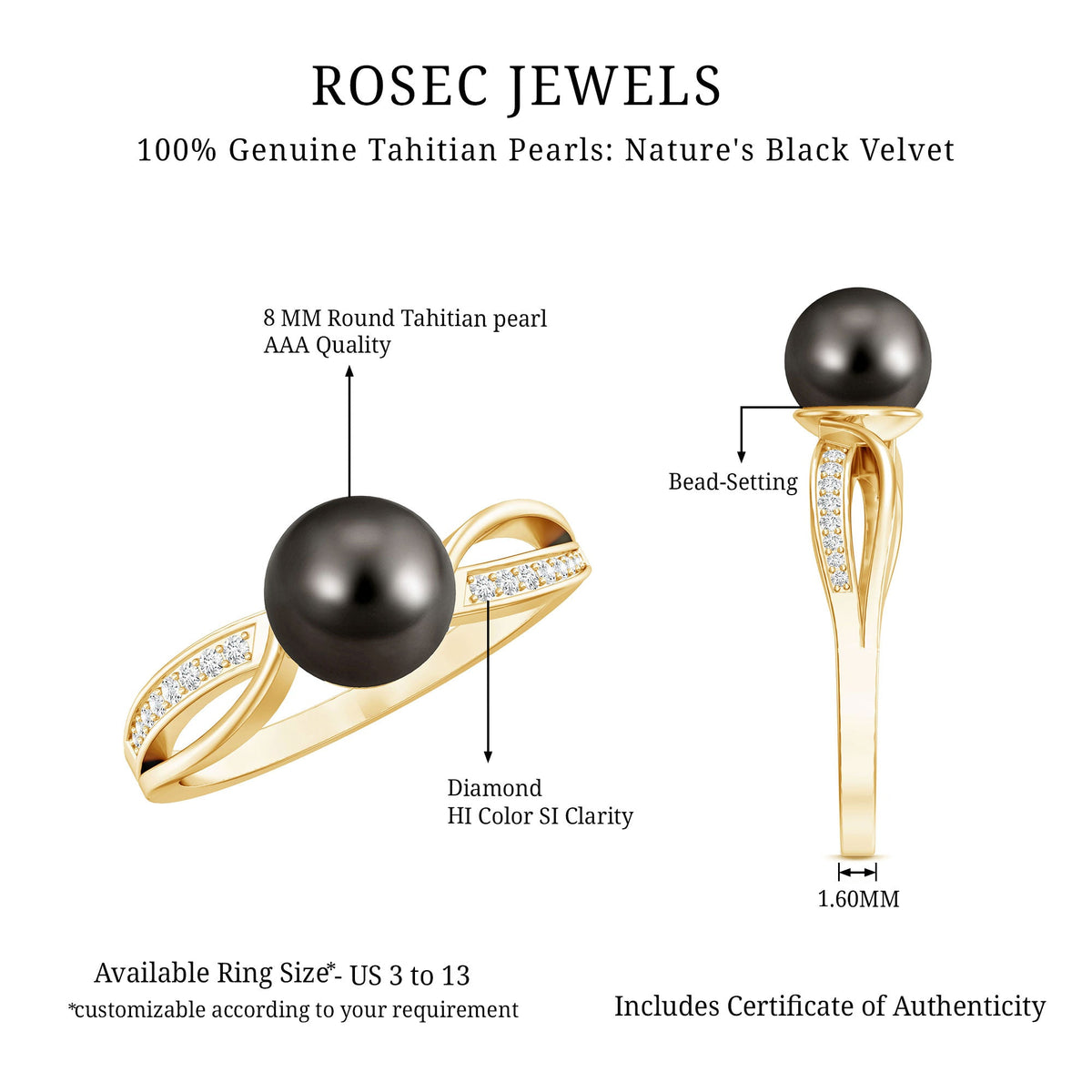 7.25 CT Tahitian pearl engagement ring with diamond accent, crafted by Rosec Jewels, displayed on a white background.