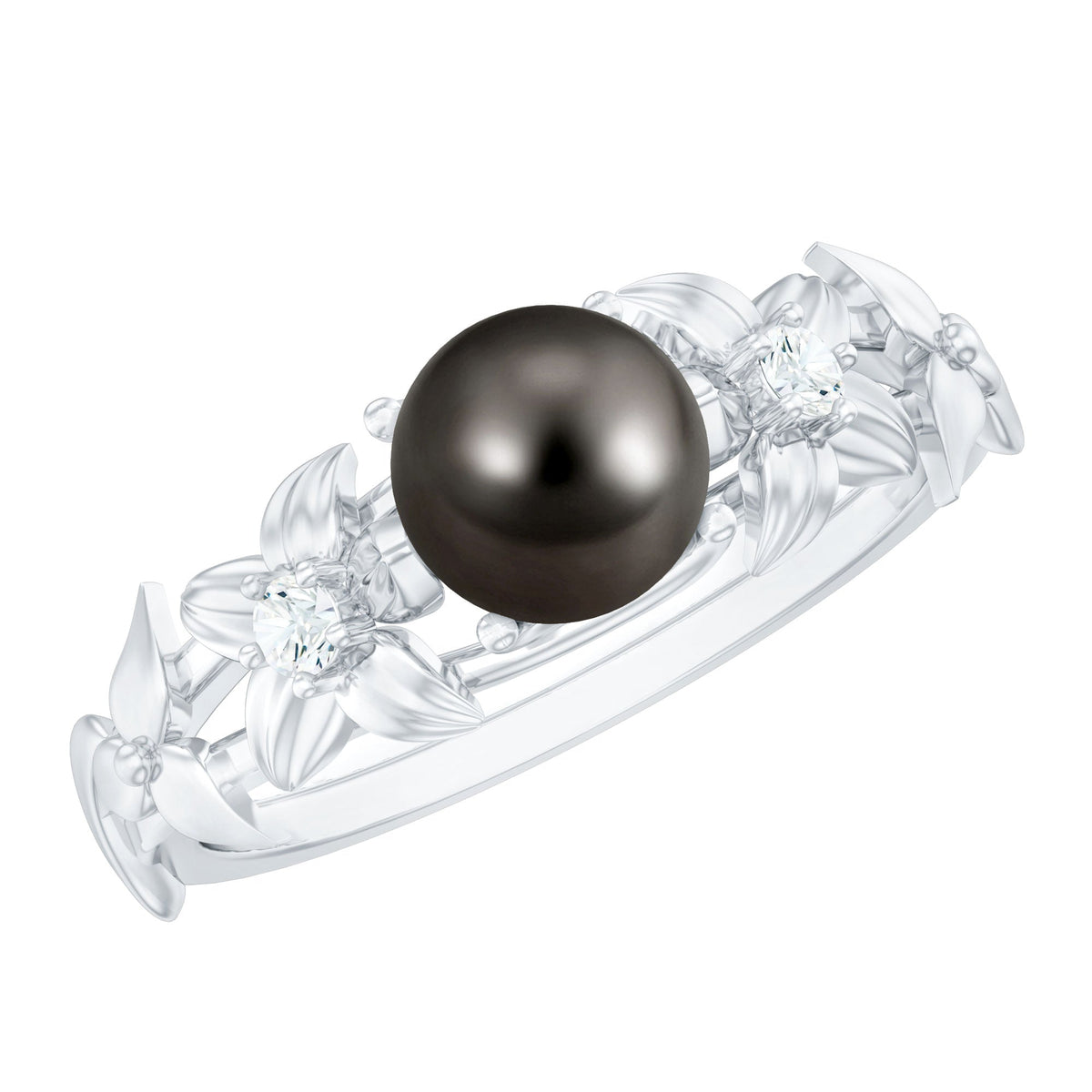 7.5 carat genuine Tahitian black pearl flower engagement ring with diamonds, featuring intricate design and sparkling accents.