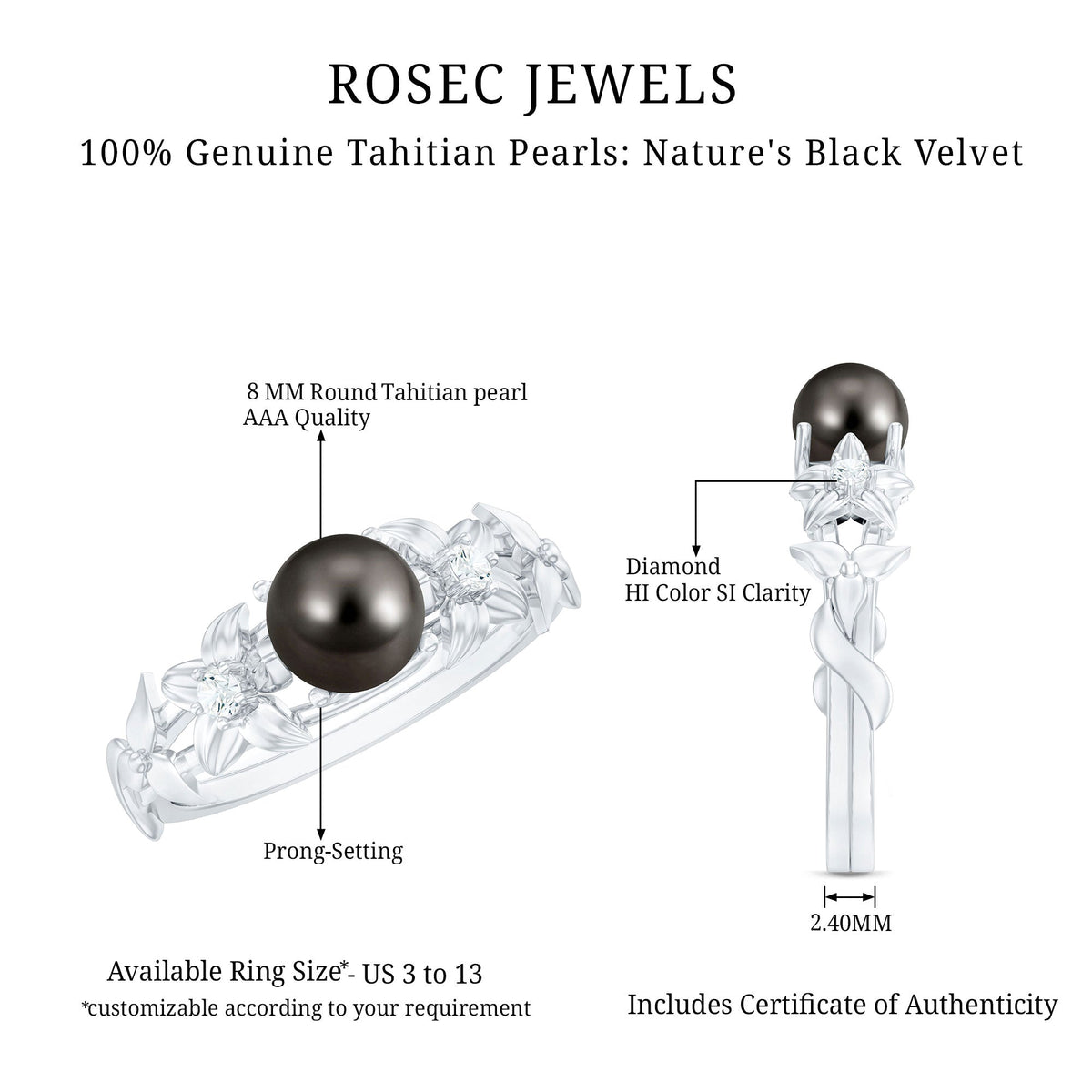 Rosec Jewels 7.5 carat genuine Tahitian black pearl flower engagement ring with diamond accents, showcasing intricate design and elegance.