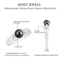 Rosec Jewels 7.5 carat genuine Tahitian black pearl flower engagement ring with diamond accents, showcasing intricate design and elegance.
