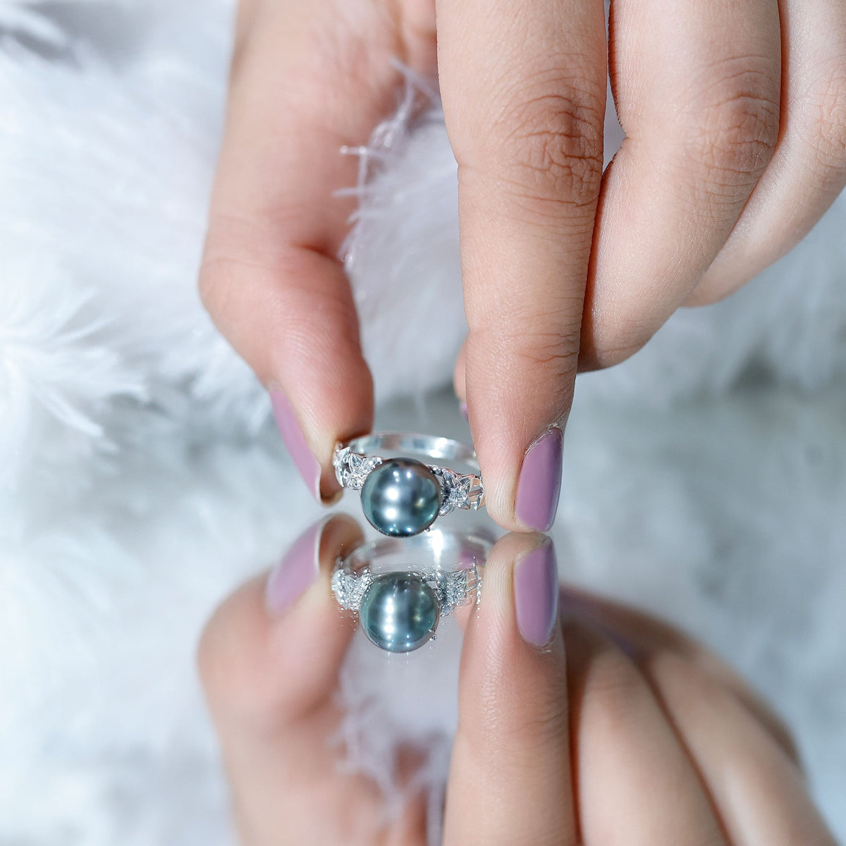 Rosec Jewels 7.5 Carat genuine Tahitian black pearl flower engagement ring with diamond accents, showcasing intricate design and craftsmanship.