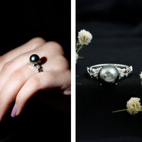 7.5 carat Tahitian black pearl and diamond flower engagement ring by Rosec Jewels, featuring a unique ring design and elegant craftsmanship.