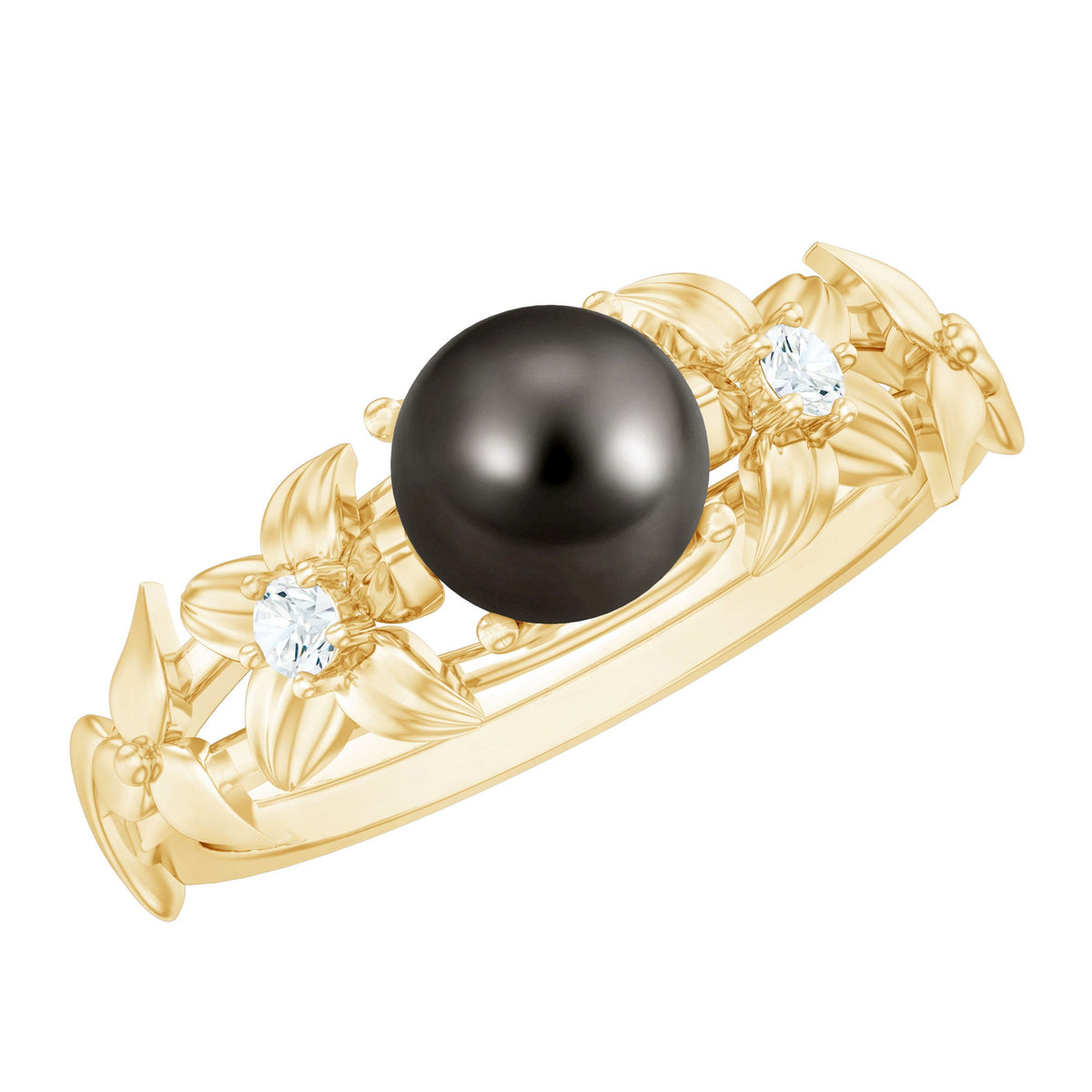 7.5 carat genuine Tahitian black pearl flower engagement ring with diamond accents, featuring intricate design and sterling silver band.