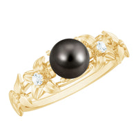 7.5 carat genuine Tahitian black pearl flower engagement ring with diamond accents, featuring intricate design and sterling silver band.