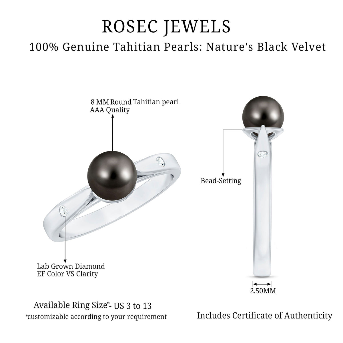 Black Tahitian pearl solitaire engagement ring by Rosec Jewels featuring a stunning black pearl on a sleek band with certificate.