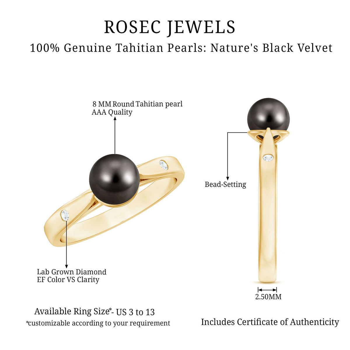 Solitaire Black Tahitian Pearl engagement ring by Rosec Jewels with certificate, featuring a single lustrous black pearl on a sleek band.