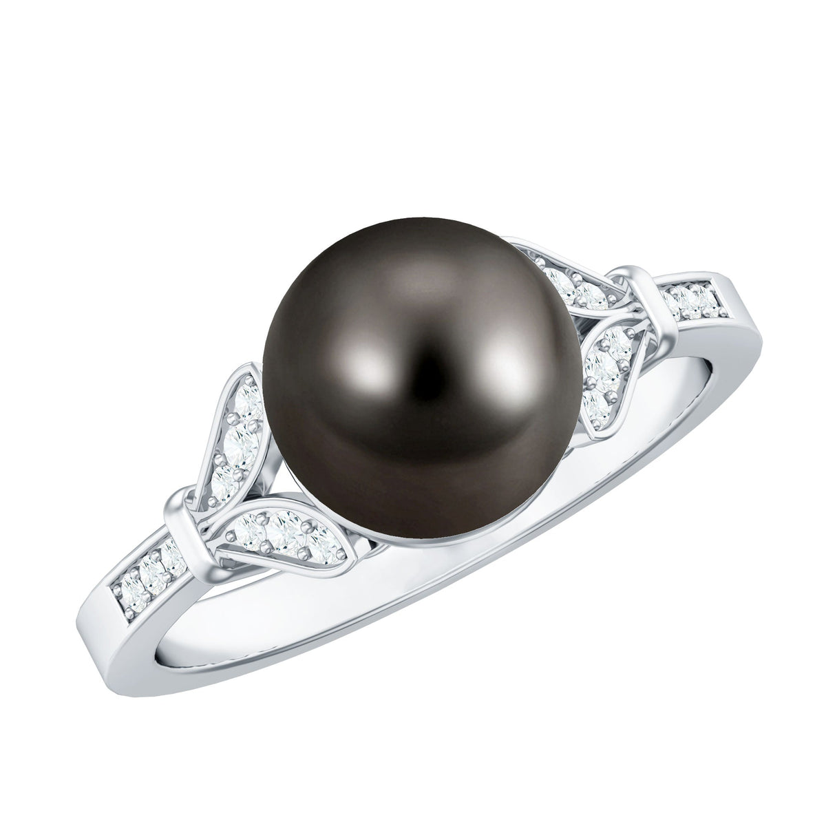 Tahitian pearl and diamond engagement ring with split shank design by Rosec Jewels, featuring a central pearl surrounded by sparkling diamonds.