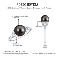 Tahitian pearl and diamond engagement ring with split shank by Rosec Jewels, showcasing elegant jewelry design and sparkling gemstones.