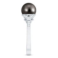 Tahitian pearl and diamond engagement ring with split shank design, crafted by Rosec Jewels, featuring a central pearl and sparkling diamonds.