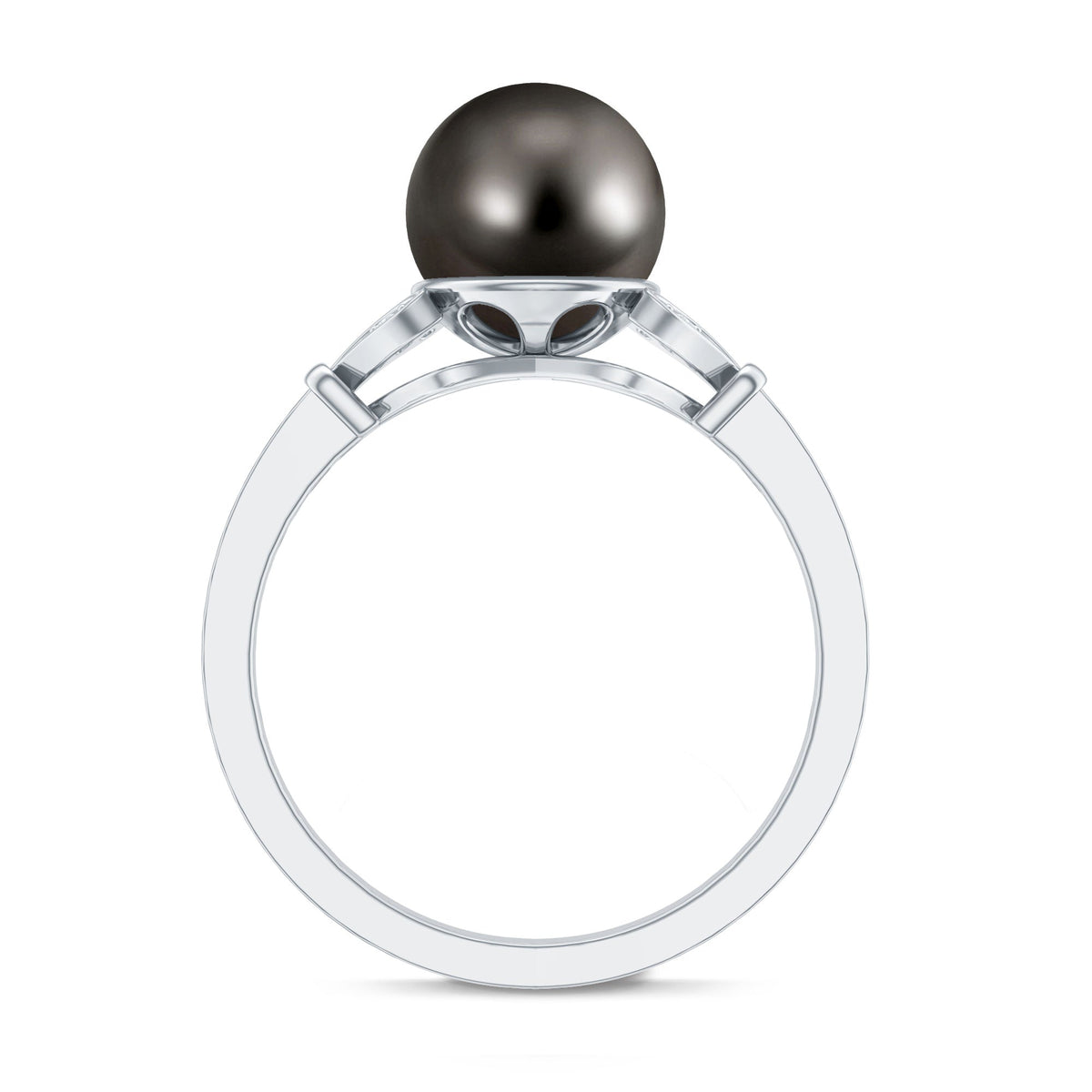 Tahitian pearl and diamond engagement ring with split shank from Rosec Jewels, featuring a central dark pearl and sparkling diamonds.