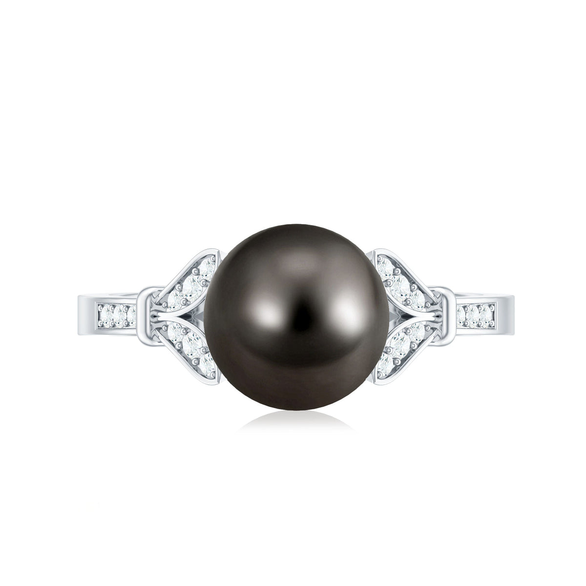 Tahitian pearl and diamond engagement ring with split shank from Rosec Jewels, featuring a lustrous black pearl and sparkling diamonds.