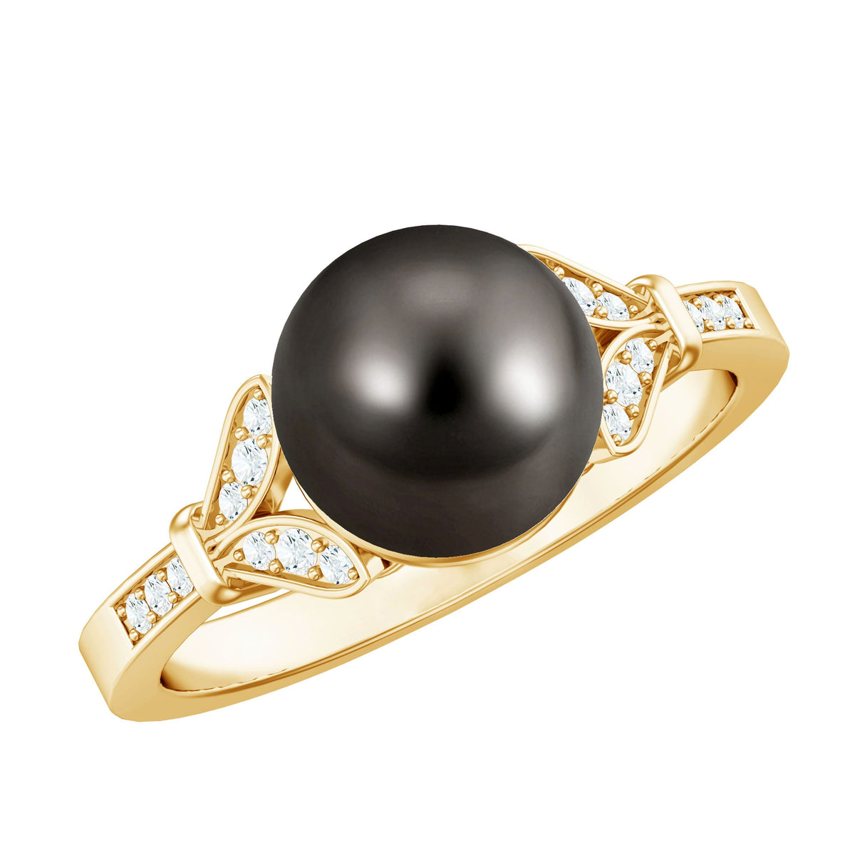 Tahitian pearl and diamond engagement ring with split shank design by Rosec Jewels, featuring a central pearl surrounded by sparkling diamonds.