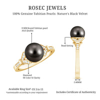 Tahitian pearl and diamond engagement ring with split shank from Rosec Jewels, showcasing elegant jewelry design and sparkling gemstones.