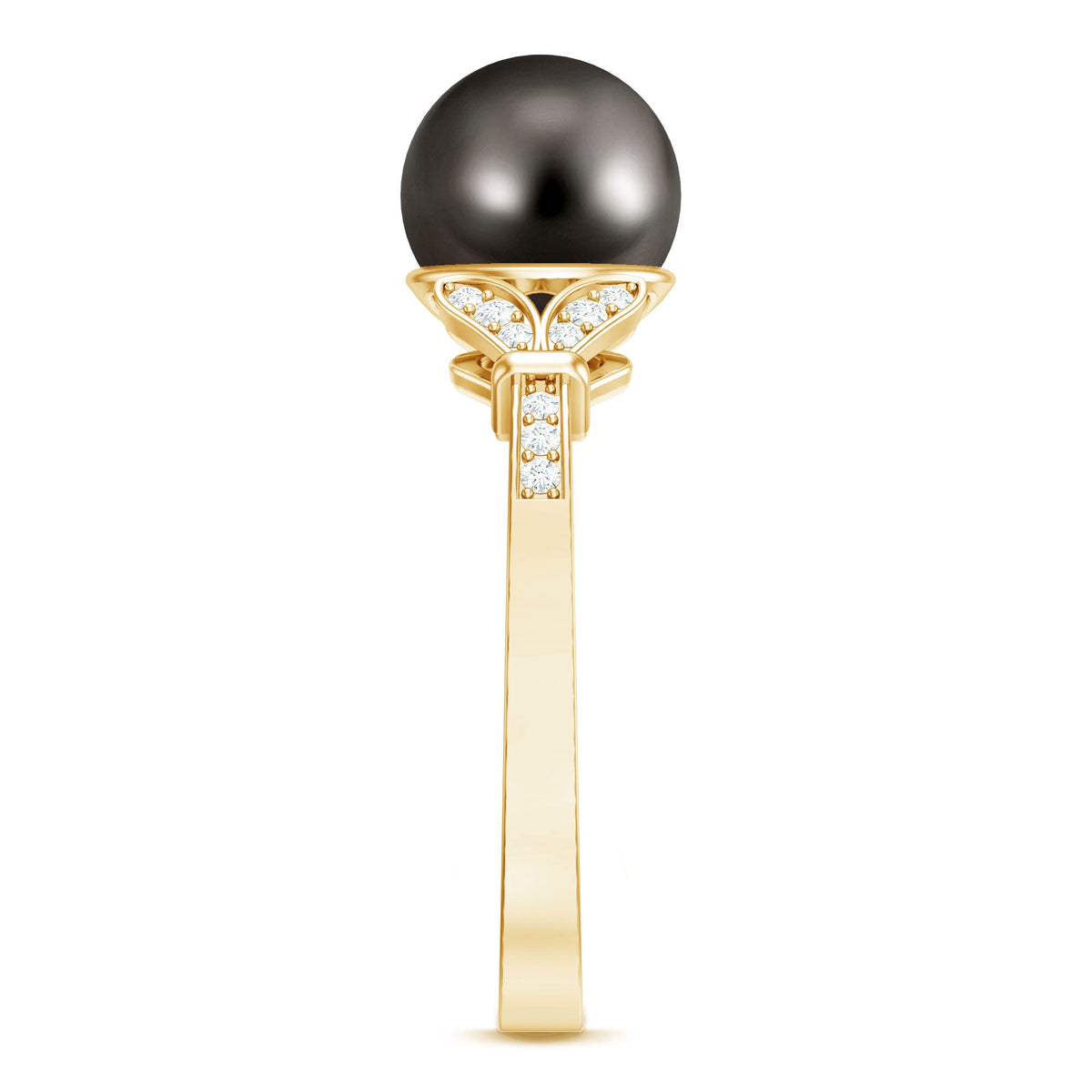 Tahitian pearl and diamond engagement ring with split shank from Rosec Jewels, showcasing a lustrous pearl center and sparkling diamonds.