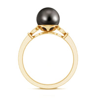 Tahitian pearl and diamond engagement ring with split shank design by Rosec Jewels, featuring a central pearl and sparkling diamonds.