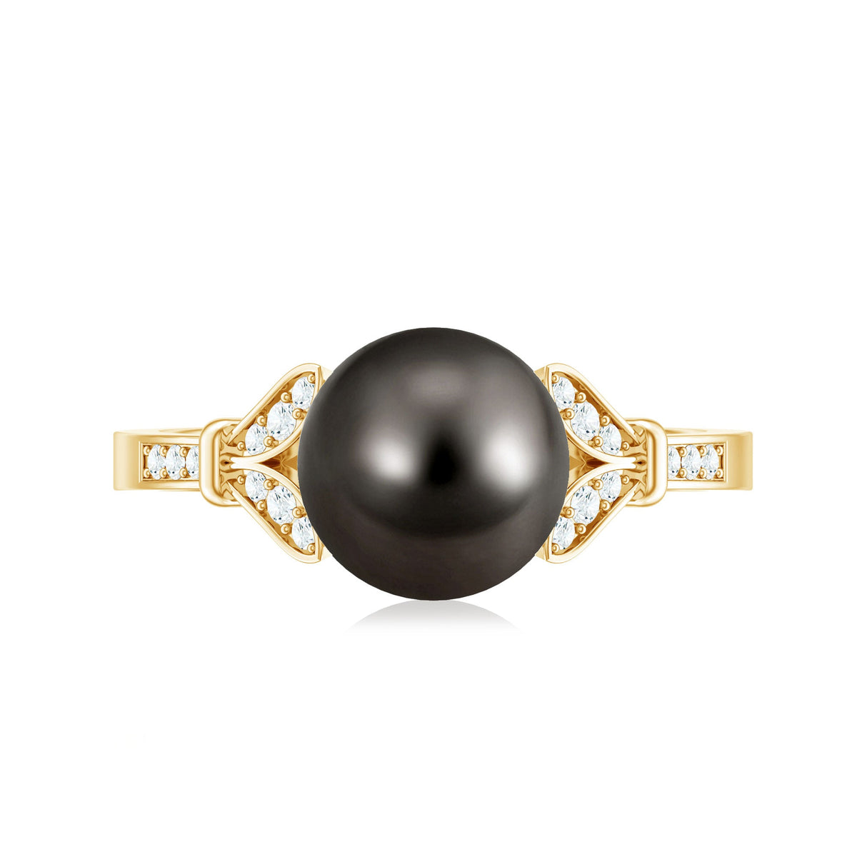 Tahitian pearl and diamond engagement ring with split shank design by Rosec Jewels, showcasing a lustrous black pearl and sparkling diamonds.