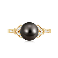 Tahitian pearl and diamond engagement ring with split shank design by Rosec Jewels, showcasing a lustrous black pearl and sparkling diamonds.
