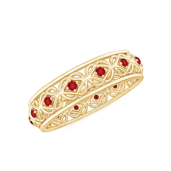 Vintage style lab-created ruby Celtic wedding band with intricate design, from Rosec Jewels, shown with certificate.