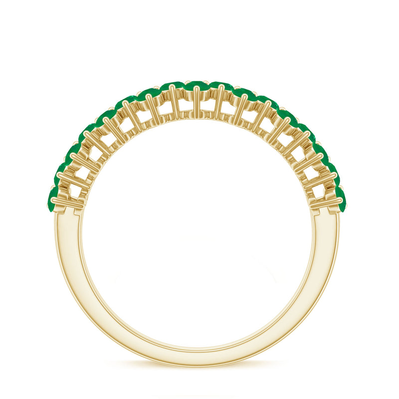 Certified real emerald half eternity anniversary ring by Rosec Jewels featuring a band of sparkling emeralds and precious metal.