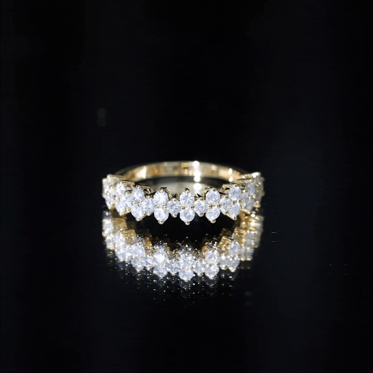 Yellow gold round moissanite cluster eternity wedding band by Rosec Jewels featuring sparkling gemstone accents.