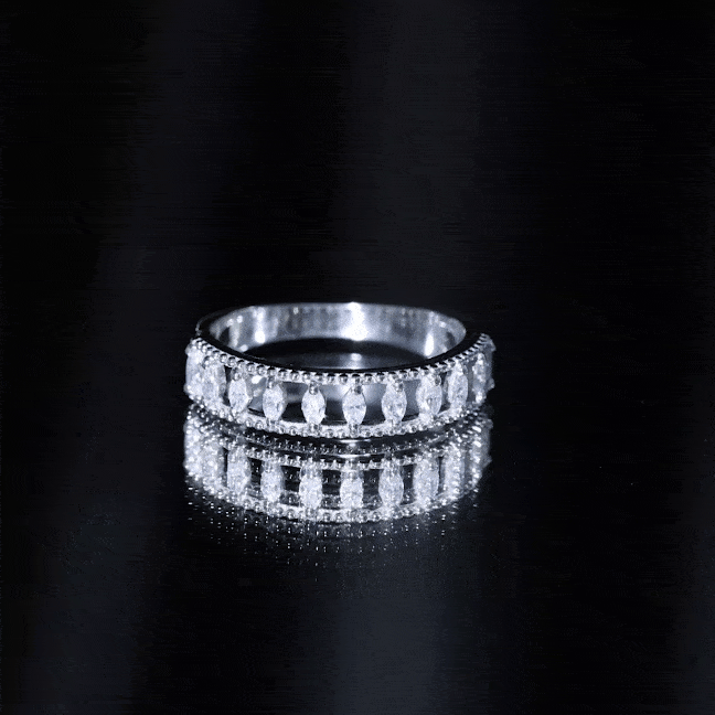 Yellow gold marquise moissanite half eternity band ring by Rosec Jewels, featuring sparkling gemstone accents around the band.