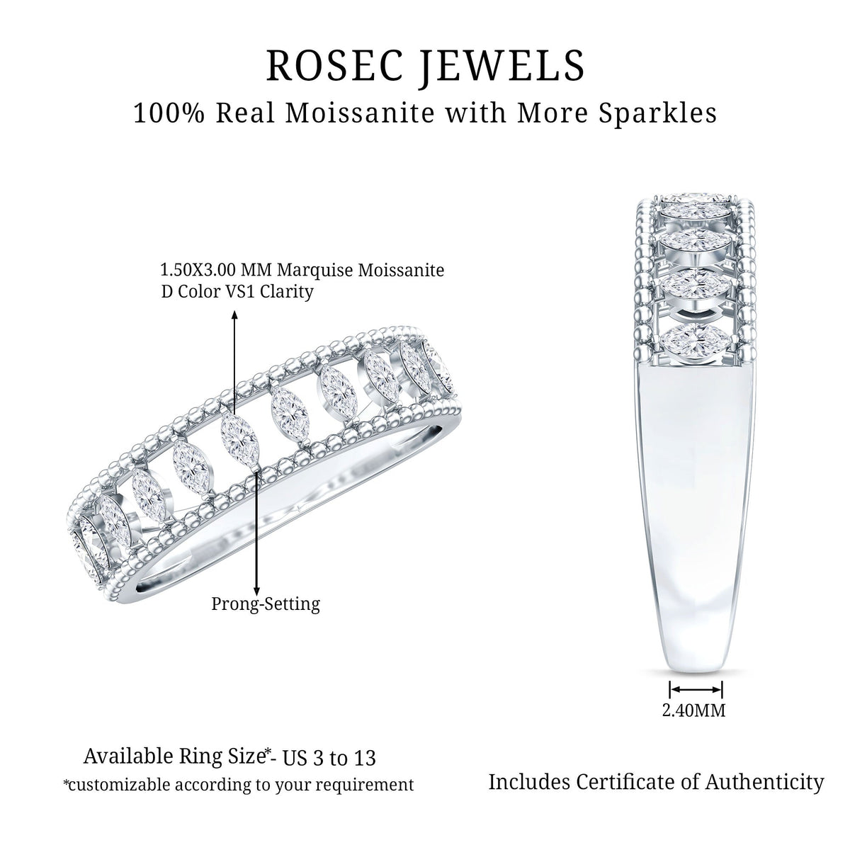 Marquise Moissanite Half Eternity Band Ring