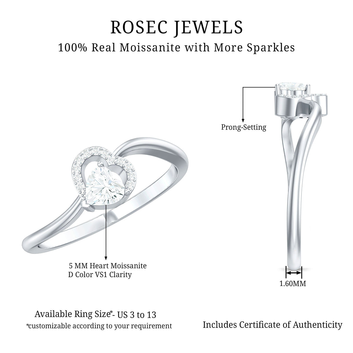 Certified moissanite heart promise ring for women by Rosec Jewels, featuring a sparkling heart-shaped gemstone on a delicate band.