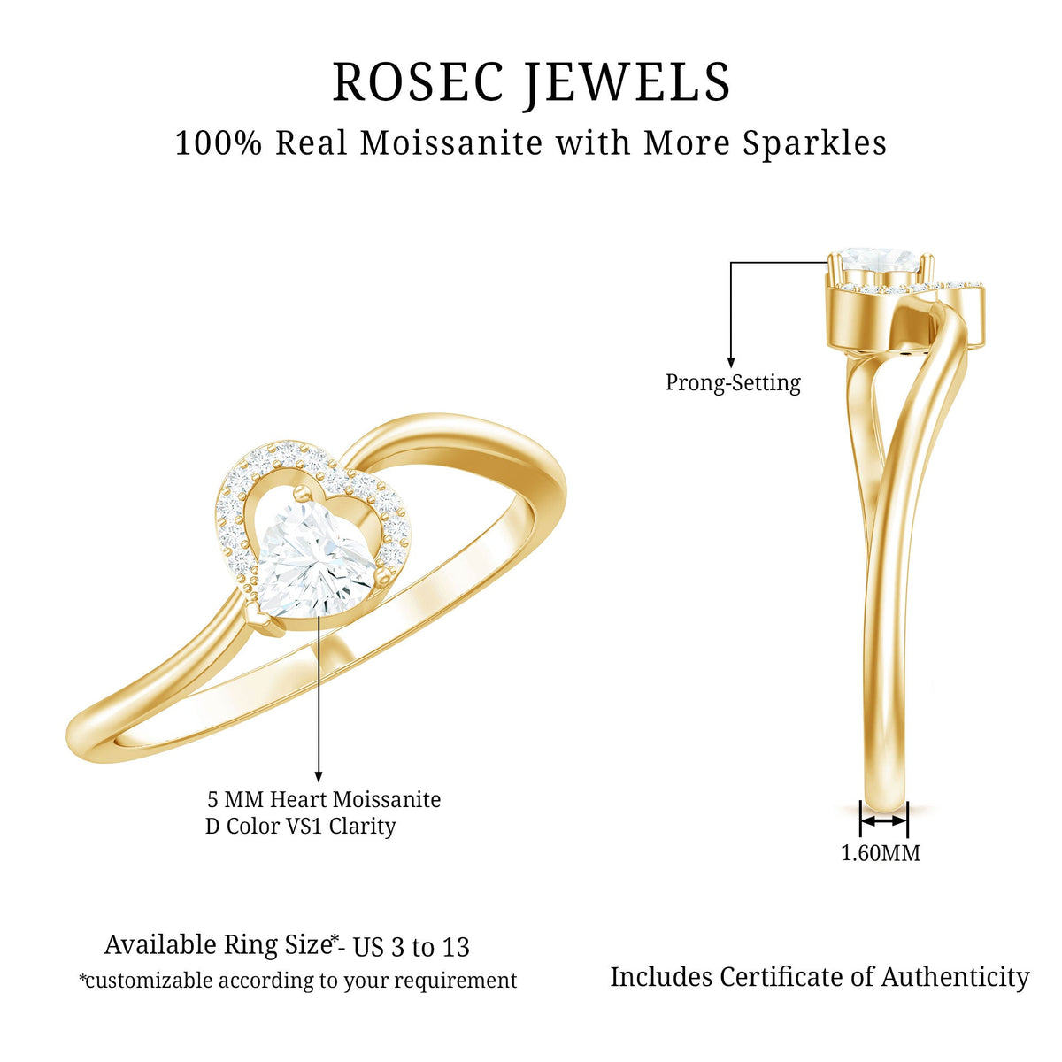 Certified Moissanite Heart Promise Ring for Her by Rosec Jewels, close-up of the ring showcasing a heart-shaped moissanite gemstone.
