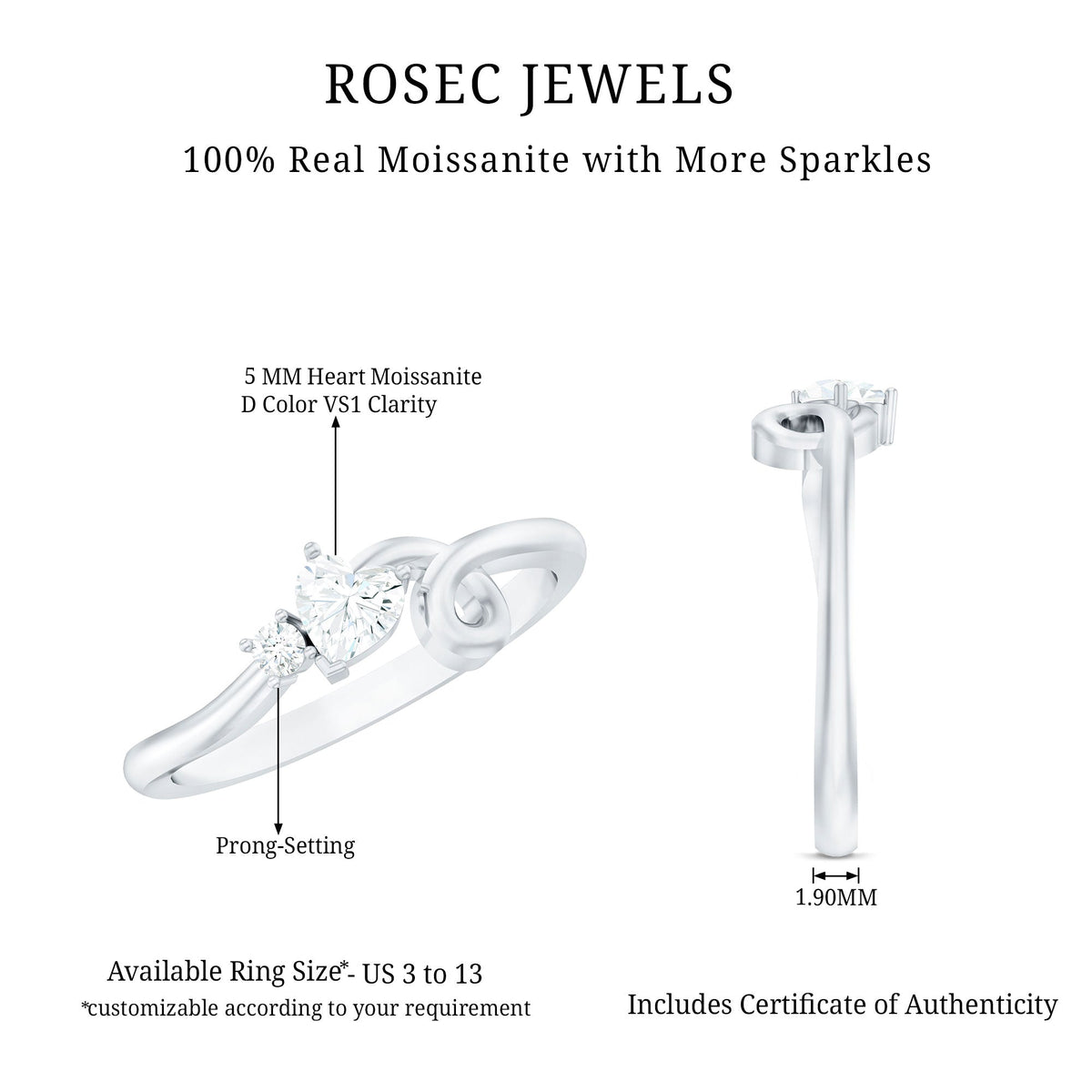 Certified moissanite heart promise ring with twisted shank by Rosec Jewels, showcasing a sparkling heart-shaped moissanite gemstone.