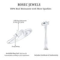Certified moissanite heart promise ring with twisted shank by Rosec Jewels, showcasing a sparkling heart-shaped moissanite gemstone.